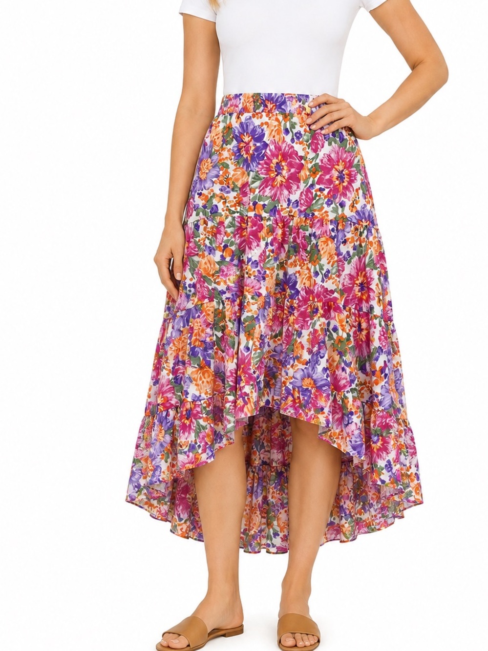 SimpleFun XL Floral Tiered High Low Maxi Skirt Elastic Waist